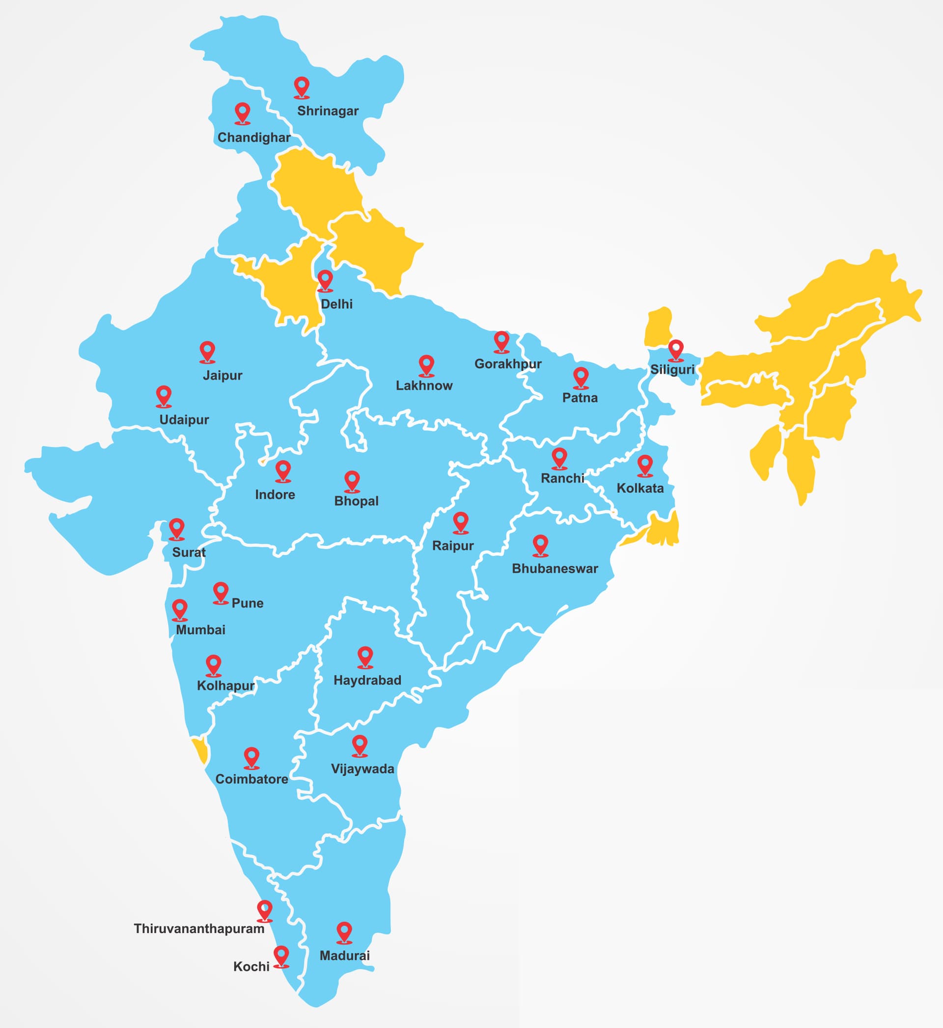 Map of BlueShine's dealer and service presence across India
